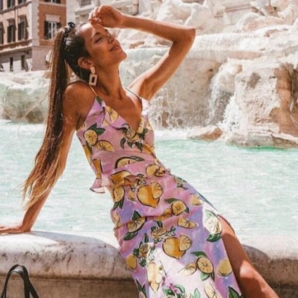 Zara Cropped Wrap Top S Lemon Print Ruffle Summer Blogger Fav Travel Vacation - Picture 1 of 15